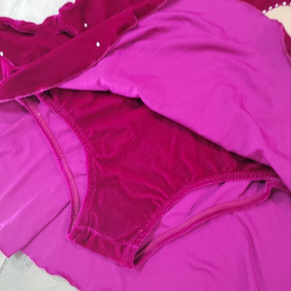 Ice Fairy Women's Figure Skating Dress M Velvet Mesh Red Beige Rhinestone Accent - Picture 9 of 11